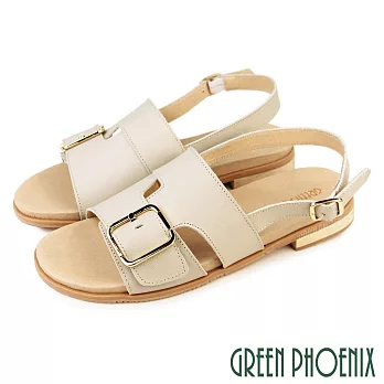【GREEN PHOENIX】女 涼鞋 皮帶釦 寬版 全真皮 平底 台灣製 JP22.5 淺灰色