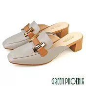 【GREEN PHOENIX】女 穆勒鞋 半拖鞋 馬銜釦 全真皮 粗跟 中跟 方頭 台灣製 US5 灰色