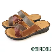 【GREEN PHOENIX】女 拖鞋 交叉 拼接 吸震 減壓 全真皮 小坡跟 厚底 台灣製 EU36 棕色