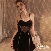 久慕雅黛 甜美花邊法式浪漫絲絨吊帶裙。黑色