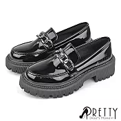 【Pretty】女 樂福鞋 休閒皮鞋 英倫 學院風 鍊條 鋸齒 厚底 EU37 黑亮