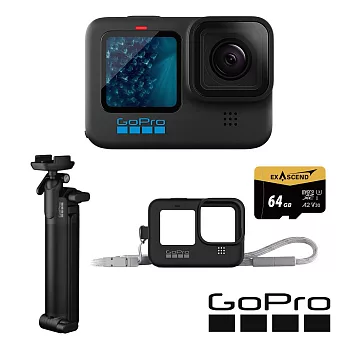 【GoPro】HERO 11 新手旅拍套組 (HERO11單機+三向多功能自拍桿2.0+護套+繫繩+64G記憶卡) 正成公司貨 黑色