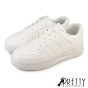 【Pretty】女 休閒鞋 板鞋 小白鞋 運動風 條紋 綁帶 厚底 JP23.5 白色