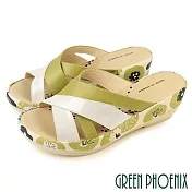 【GREEN PHOENIX】女 拖鞋 全真皮 厚底 楔型 牛皮 台灣製 JP24 銀色