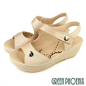 【GREEN PHOENIX】女 涼鞋 全真皮 厚底 楔型 輕量 牛皮 台灣製 JP24.5 米色
