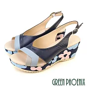 【GREEN PHOENIX】女 涼鞋 全真皮 厚底 楔型 牛皮 輕量 乳膠鞋墊 台灣製 JP24 藍色