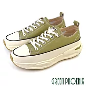 【GREEN PHOENIX】女 休閒鞋 懶人鞋 全真皮 厚底 顯瘦 免綁鞋帶 EU39 綠色