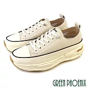 【GREEN PHOENIX】女 休閒鞋 懶人鞋 全真皮 厚底 顯瘦 免綁鞋帶 EU35 米色