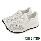 【GREEN PHOENIX】女 休閒鞋 懶人鞋 全真皮 厚底 水鑽 EU40 白色