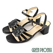 【GREEN PHOENIX】女 涼鞋 粗高跟 全真皮 牛皮 編織 台灣製 US5 黑色
