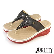 【Pretty】女 拖鞋 厚底 楔型 夾腳 T字 乳膠氣墊 台灣 JP24.5 黑色