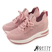【Pretty】女 休閒鞋 水鑽 針織 襪套式 綁帶 厚底 內增高 EU39 粉紅色