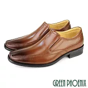 【GREEN PHOENIX】男 紳士皮鞋 商務皮鞋 方頭 渲染 雷射雕花 直套式 全真皮 台灣製 EU41 棕色