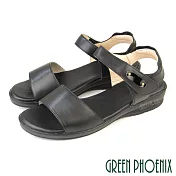 【GREEN PHOENIX】女 涼鞋 一字帶 沾黏 全真皮 小坡跟 厚底 顯瘦 EU35 黑色
