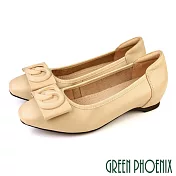 【GREEN PHOENIX】女 娃娃鞋 包鞋 全真皮 內增高 蝴蝶結 通勤 上班 EU34 杏色