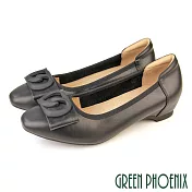 【GREEN PHOENIX】女 娃娃鞋 包鞋 全真皮 內增高 蝴蝶結 通勤 上班 EU37 黑色