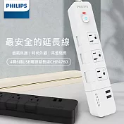 【PHILIPS飛利浦】1.8M 4切6座+雙USB延長線(CHP4760) 白色