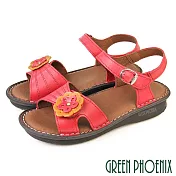 【GREEN PHOENIX】女 涼鞋 厚底 全真皮 牛皮 沾黏式 花 台灣製 EU40 紅色