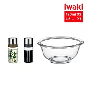 【iwaki】日本品牌烘焙料理3件組(玻璃碗1.5L+油罐+醬油罐)(原廠總代理)