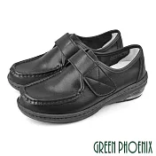 【GREEN PHOENIX】女 護士鞋 休閒鞋 全真皮 魔鬼氈 沾黏式 平底 氣墊 台灣製 EU37 黑色