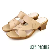 【GREEN PHOENIX】女 拖鞋 方頭 粗跟 高跟 全真皮 小羊皮 EU39 杏色