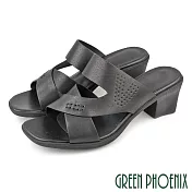 【GREEN PHOENIX】女 拖鞋 方頭 粗跟 高跟 全真皮 小羊皮 EU40 黑色