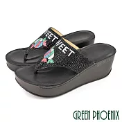 【GREEN PHOENIX】女 拖鞋 厚底 楔型 夾腳 全真皮 水鑽 EU39 黑色