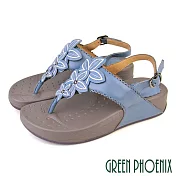 【GREEN PHOENIX】女 涼鞋 夾腳 厚底 彈力 全真皮 羊皮 EU38 藍色