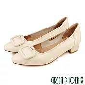 【GREEN PHOENIX】女 娃娃鞋 包鞋 全真皮 粗跟 低跟 OL 通勤 上班 EU35 米色