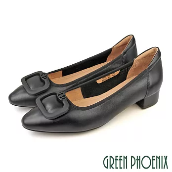 【GREEN PHOENIX】女 娃娃鞋 包鞋 全真皮 粗跟 低跟 OL 通勤 上班 EU34 黑色