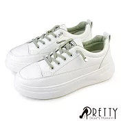 【Pretty】女 小白鞋 休閒鞋 皮革 厚底 增高 免綁帶 EU36 綠色