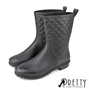 【Pretty】女 雨靴 雨鞋 短靴 菱格紋 防水 短筒 EU37 黑色