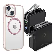 Dr.b@ttery電池王 MagSafe無線充電+自帶線行動電源-黑色 搭 iPhone14 Plus 6.7 星耀磁吸保護殼 粉色