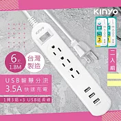 【KINYO】6呎1.8M 延長線3P1開3插3USB快充3.5A(CGU313-6)台灣製造‧新安規(2入組)
