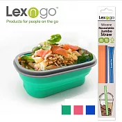 Lexngo矽膠蓋可摺疊餐盒(小)+珍珠吸管橘藍組合 綠色