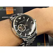Giorgio Fedon 1919喬治飛登精品錶,編號：GF00109,46mm圓形銀精鋼錶殼黑色雙面機械鏤空錶盤精鋼銀色錶帶