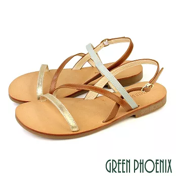 【GREEN PHOENIX】女 涼鞋 全真皮 平底 夏天 顯白 交錯線條 台灣製 EU35 棕色