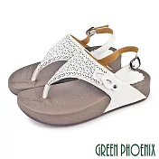 【GREEN PHOENIX】女 涼鞋 夾腳 厚底 彈力 雕花 全真皮 羊皮 EU35 白色