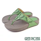 【GREEN PHOENIX】女 拖鞋 夾腳 厚底 彈力 麥穗雕花 全真皮 羊皮 EU35 綠色