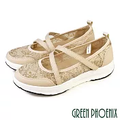 【GREEN PHOENIX】女 休閒鞋 健走鞋 瑪麗珍 沾黏式 厚底 彈力紓壓 EU35 杏色