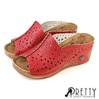【Pretty】女 拖鞋 鏤空 花邊 厚底 楔型 防水台 EU40 紅色