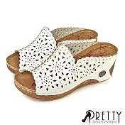 【Pretty】女 拖鞋 鏤空 花邊 厚底 楔型 防水台 EU39 白色