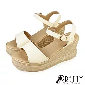 【Pretty】女 涼鞋 厚底 楔型 防水台 一字帶 寬帶 沾黏式 台灣製 JP24.5 米色