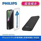 【Philips 飛利浦】iPhone 14 Plus 防窺視鋼化玻璃保護貼-秒貼版 +PD 10000mAh行動電源 DLK5503/11+DLP1813/96 IPhone 14 Plus