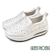【GREEN PHOENIX】女 休閒鞋 懶人鞋 厚底鞋 氣墊 蕾絲 鑽飾 百搭 EU36 白色
