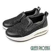 【GREEN PHOENIX】女 休閒鞋 懶人鞋 厚底鞋 氣墊 蕾絲 鑽飾 百搭 EU38 黑色