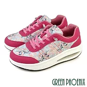 【GREEN PHOENIX】女 休閒鞋 懶人鞋 厚底 透氣 氣墊 彈力 直套式 花紋 彩繪 EU38 桃紅色