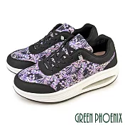 【GREEN PHOENIX】女 休閒鞋 懶人鞋 厚底 透氣 氣墊 彈力 直套式 花紋 彩繪 EU38 黑色