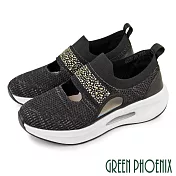 【GREEN PHOENIX】女 休閒鞋 健走鞋 懶人鞋 氣墊 透氣 直套式 厚底 彈力 紓壓 EU36 黑色