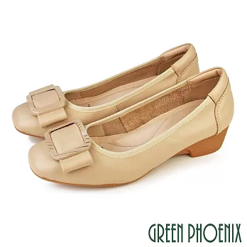 【GREEN PHOENIX】女 娃娃鞋 包鞋 全真皮 楔型 厚底 蝴蝶結 OL通勤 上班 EU35 杏色